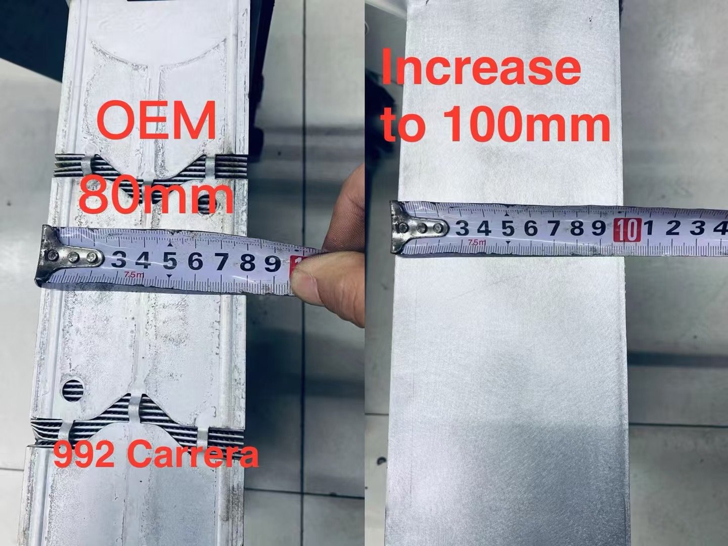 芯体厚度对比：原厂 80mm → 加大到 100mm
